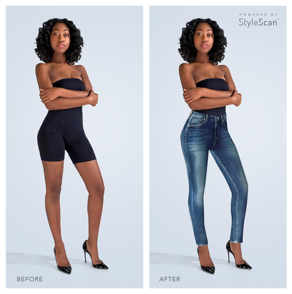 Before and after photo of a woman digitally dressed by StyleScan's algorithm.