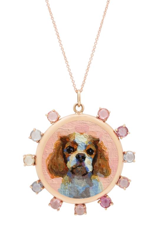 Collier personnalisé portrait animalier, or 14 carats et saphirs taille rose, Fox & Bond