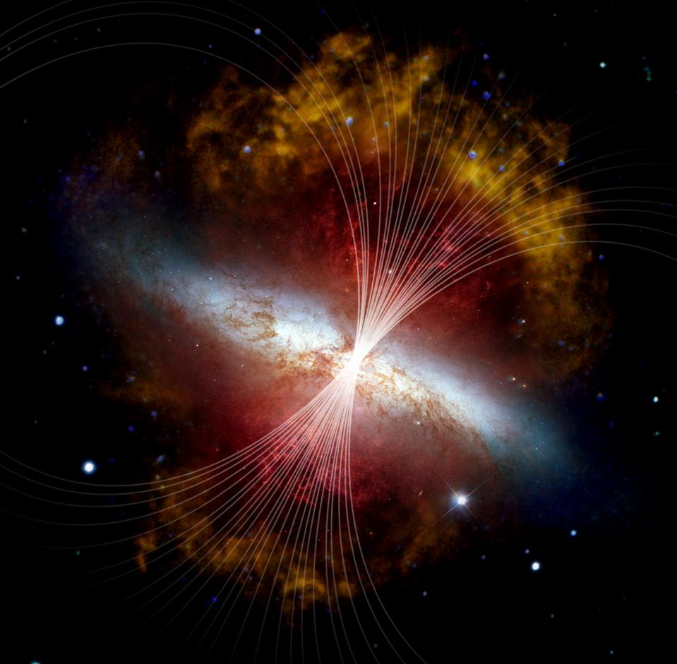 Magnetic fields in Messier 82, or the Cigar galaxy, are shown traced out here.