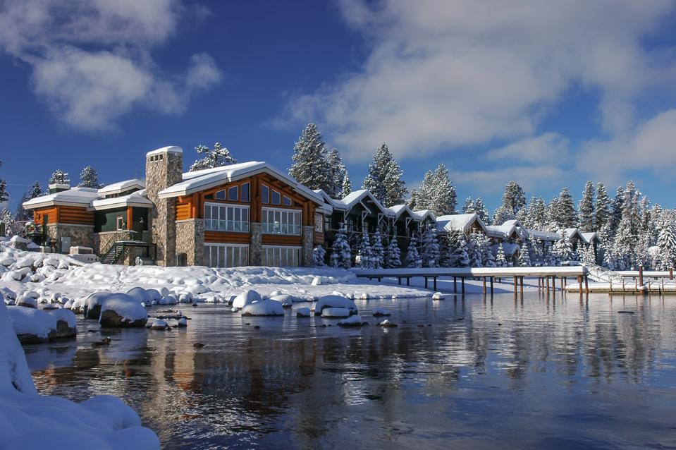 The exterior of Shore Lodge in the winter.