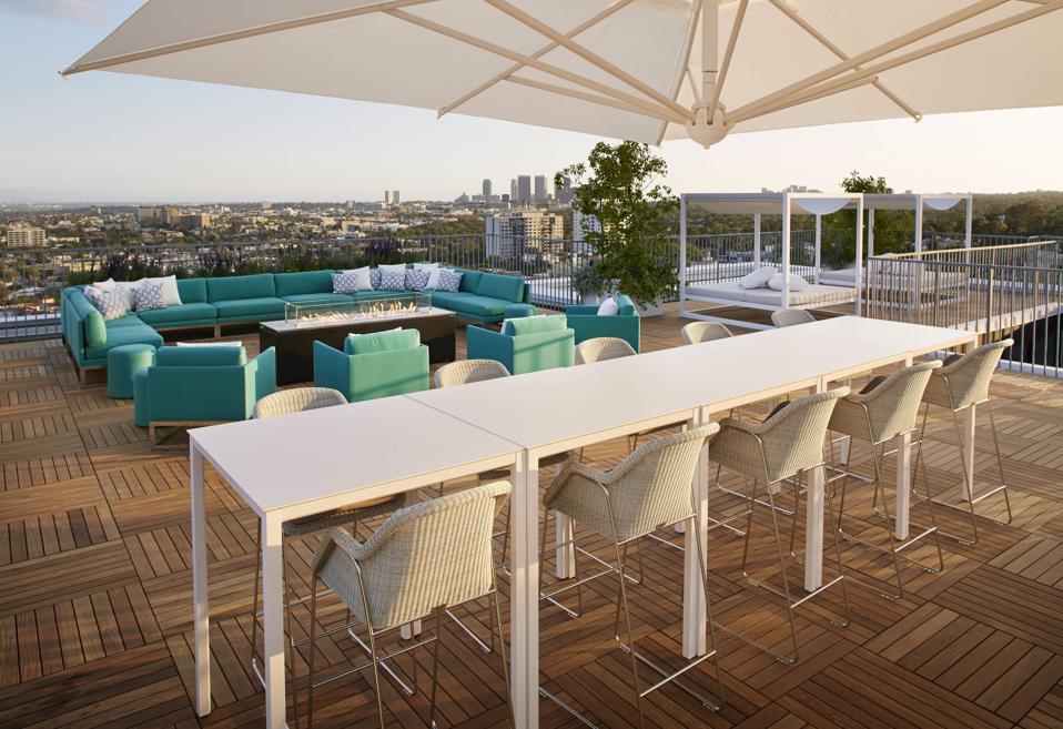 The terrace of the penthouse at the London West Hollywood hotel overlooks Los Angeles