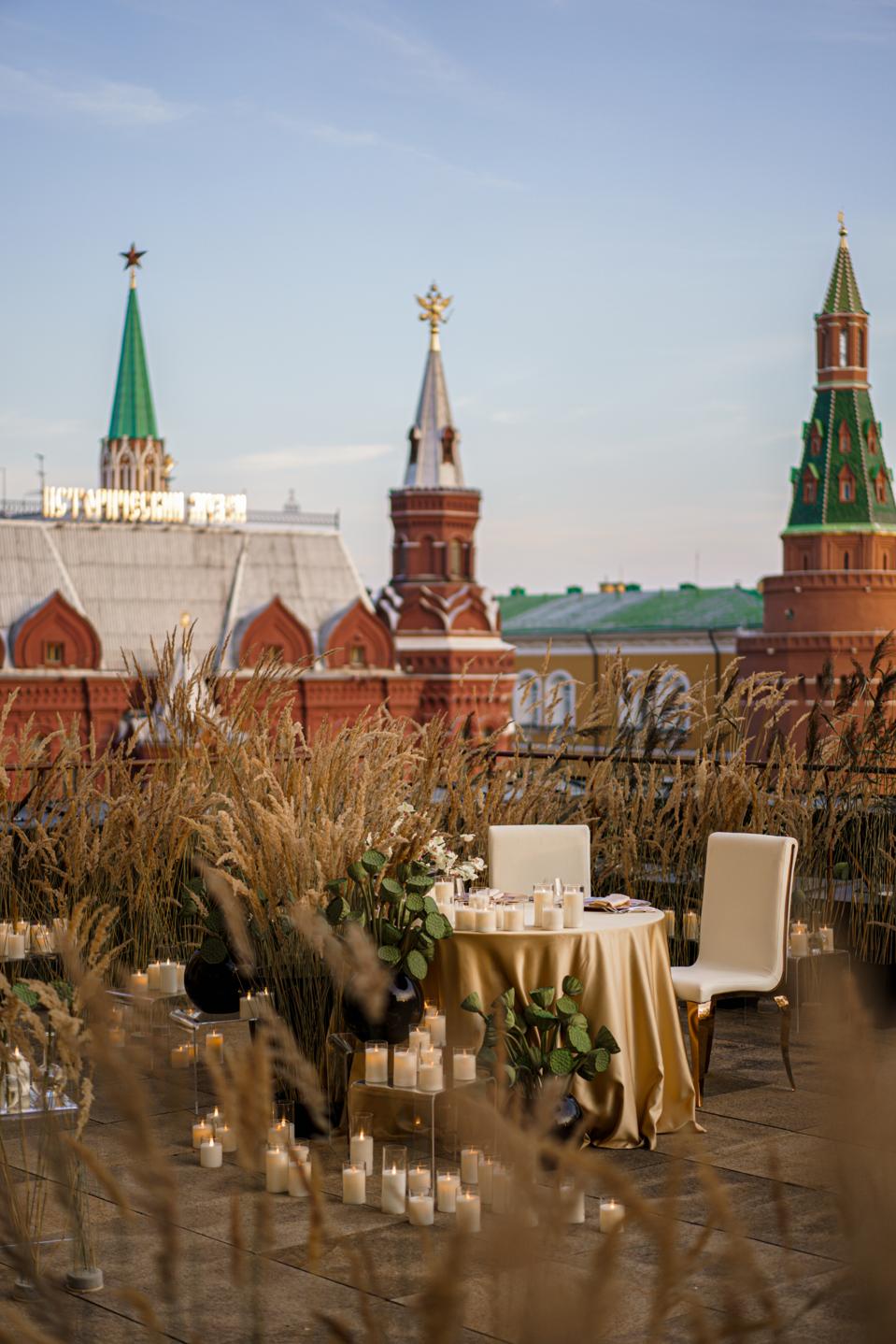 The terrace at the Four Seasons Moscow overlooks Red Square but is decorated like a farm