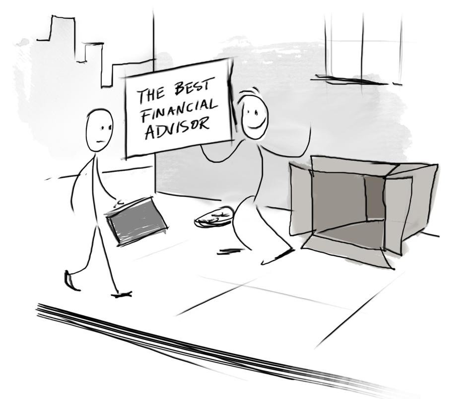 A homeless man living out of a cardboard box on the sidewalk with a sign that reads: ″Best Financial Advisor″