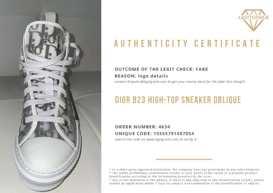 Certificate that the sneakers are fake with an image of the sneaker.