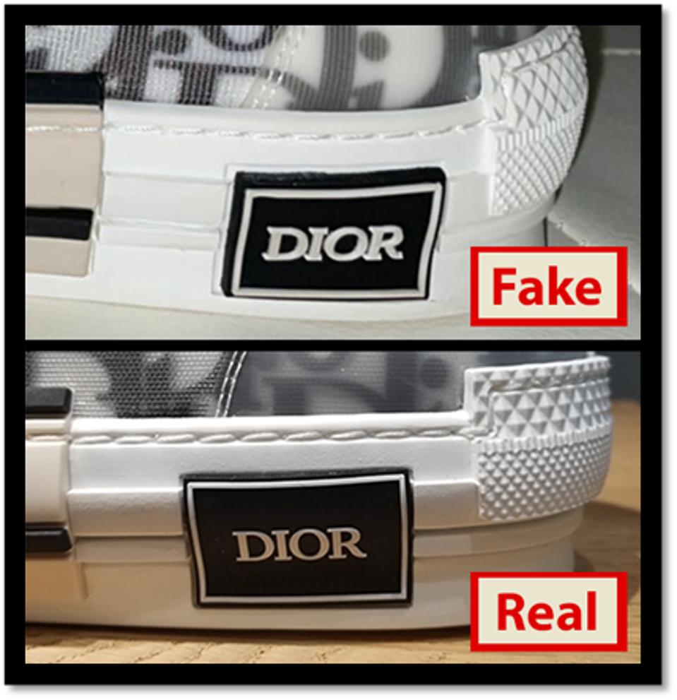 The fake Dior shoe bought on The RealReal next to the real Dior shoe.
