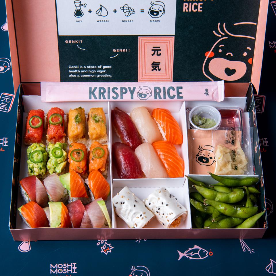 Soulmate Box ($55) - selection of handrolls, Krispy Rice, Nigiri, a Rainbow roll, and edamame 