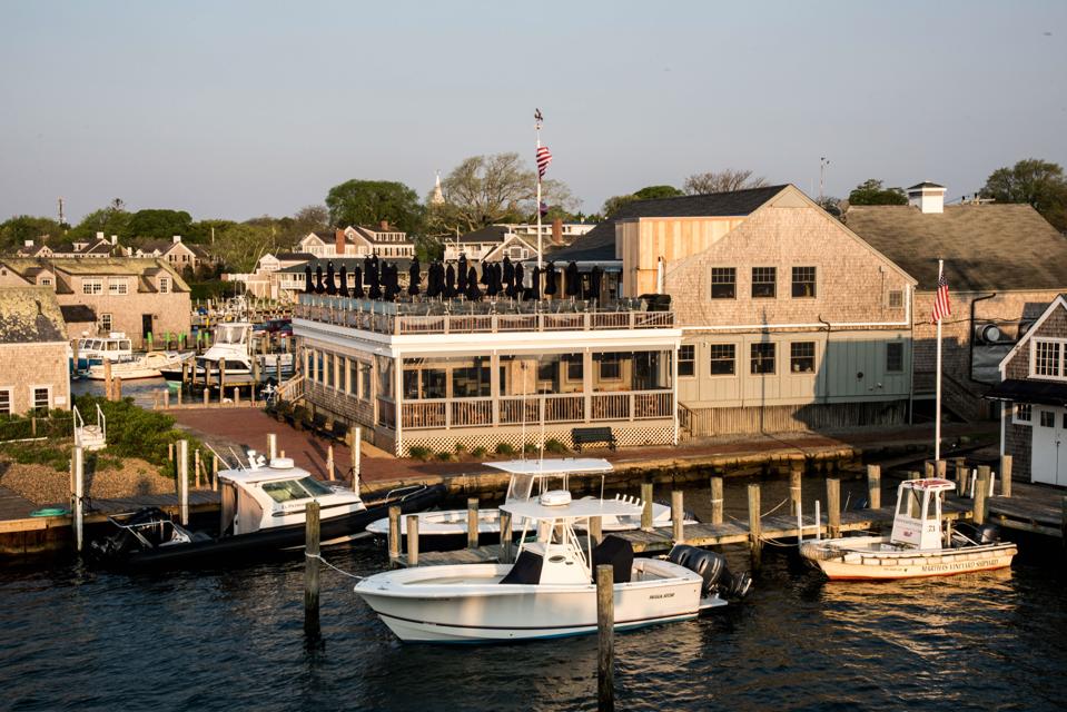 Boats are docked in Edgartown harbor, Marthas Vineyard, Massachusetts