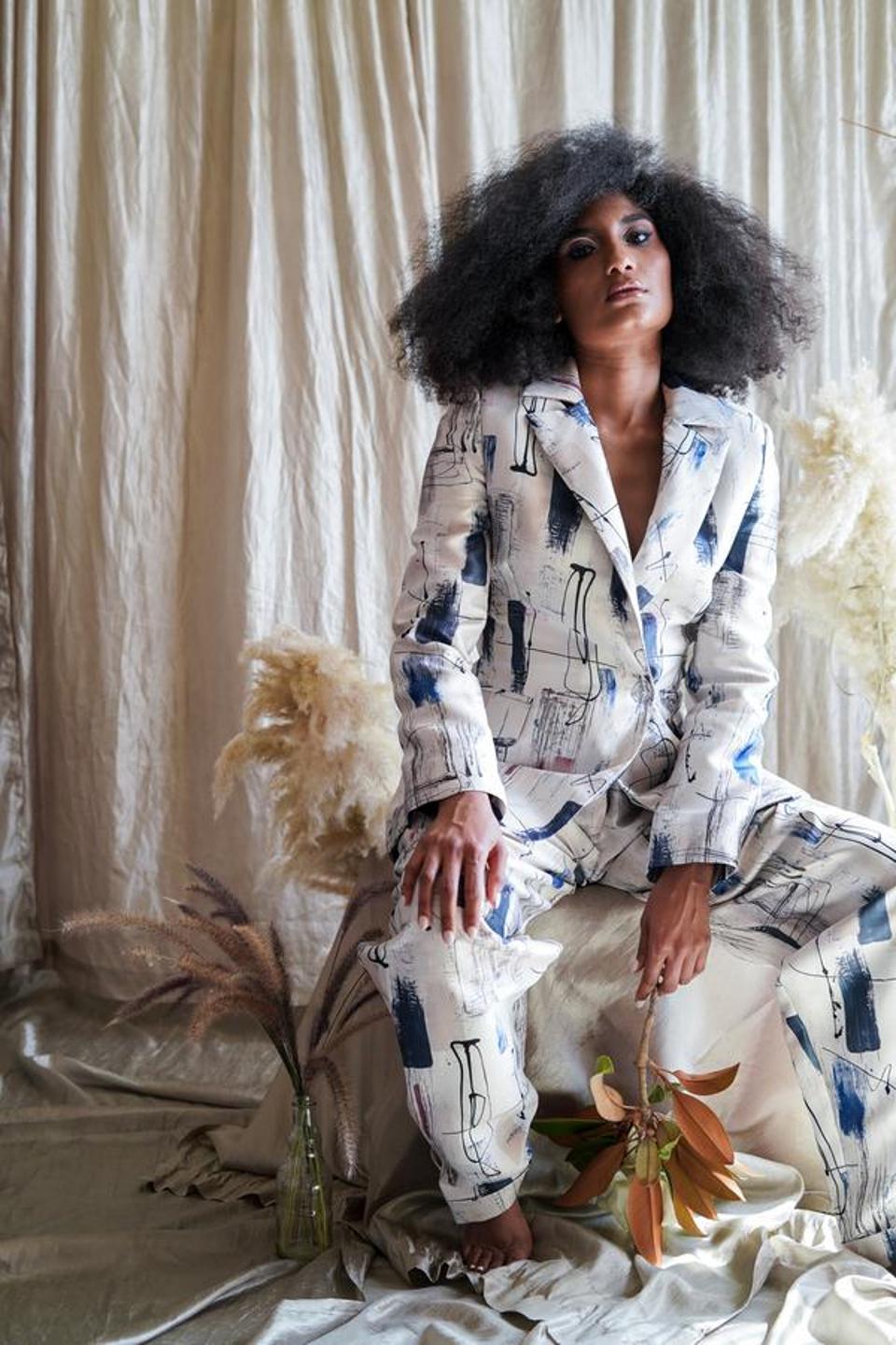 A double-breasted abstract suit by designer Nicole Shante.