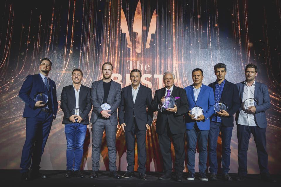 The winners at the 2019 ceremony of the Best Chef Awards stand on the stage in Barcelona