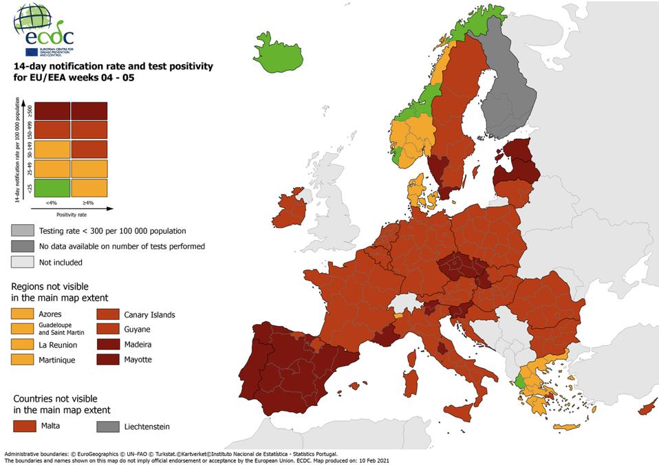 EU/EEA 14-day notification rate and test positivity for weeks 4-5, 2021