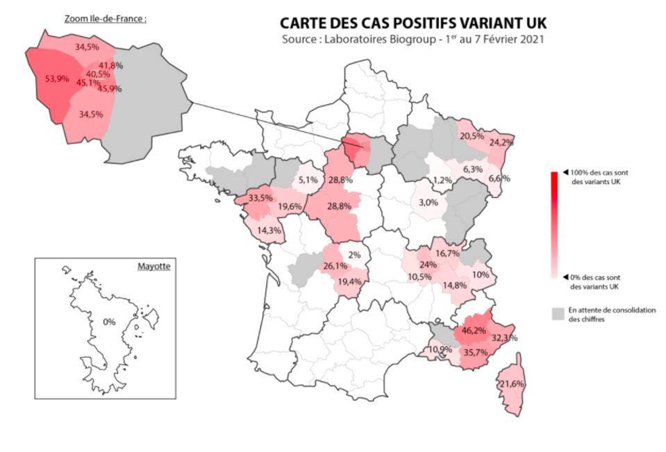 Map of the prevalence of UK variant across France based on 25% of testing by Biogroup Laboratories