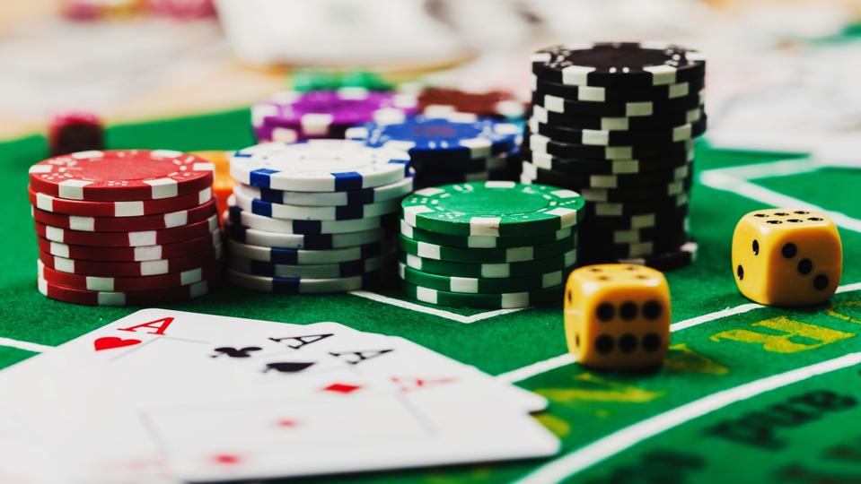 Poker chips on table in casino