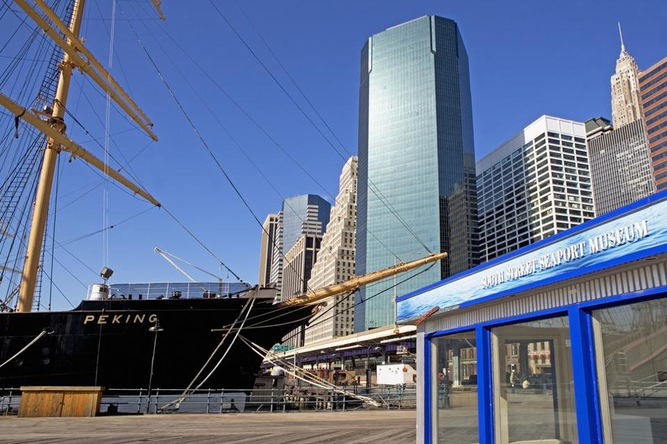 USA, New York State, New York City, Seaport Museum, sailing ship moored in harbor