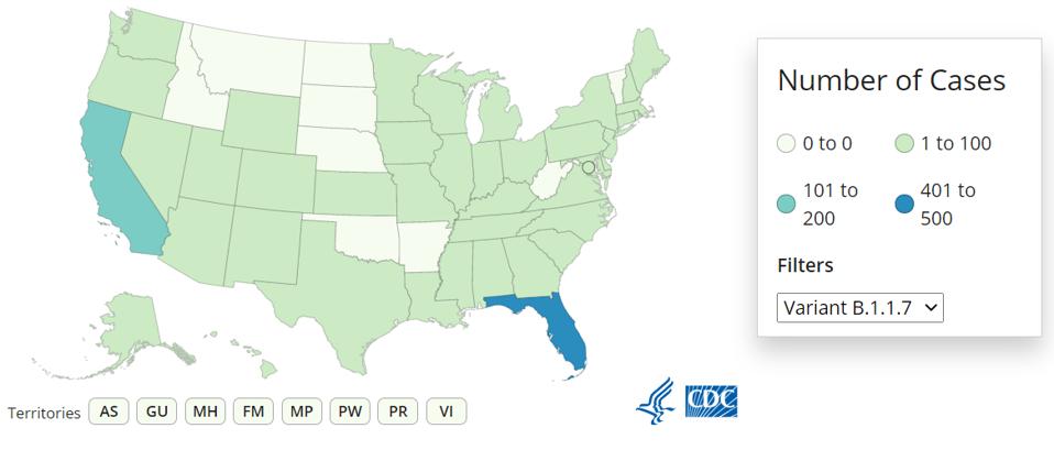 Map of number of confirmed cases of B.1.1.7 variant by state as of February 18, 2021. 