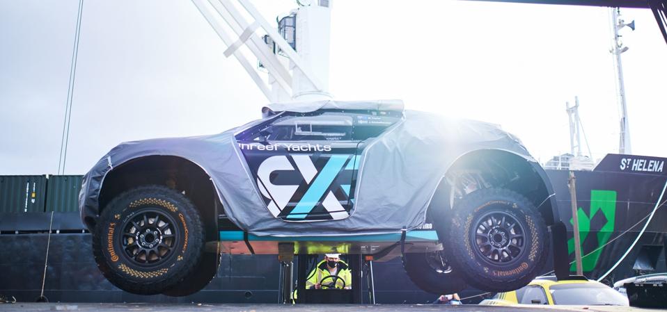 Nico Rosberg's Extreme E electric race car is precious cargo aboard the Extreme E cargo ship St Helena.