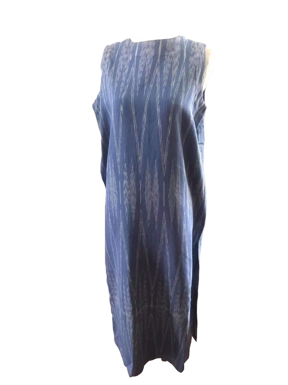 Blue long dress made using 100% handwoven Bagobo textile from CAMLU