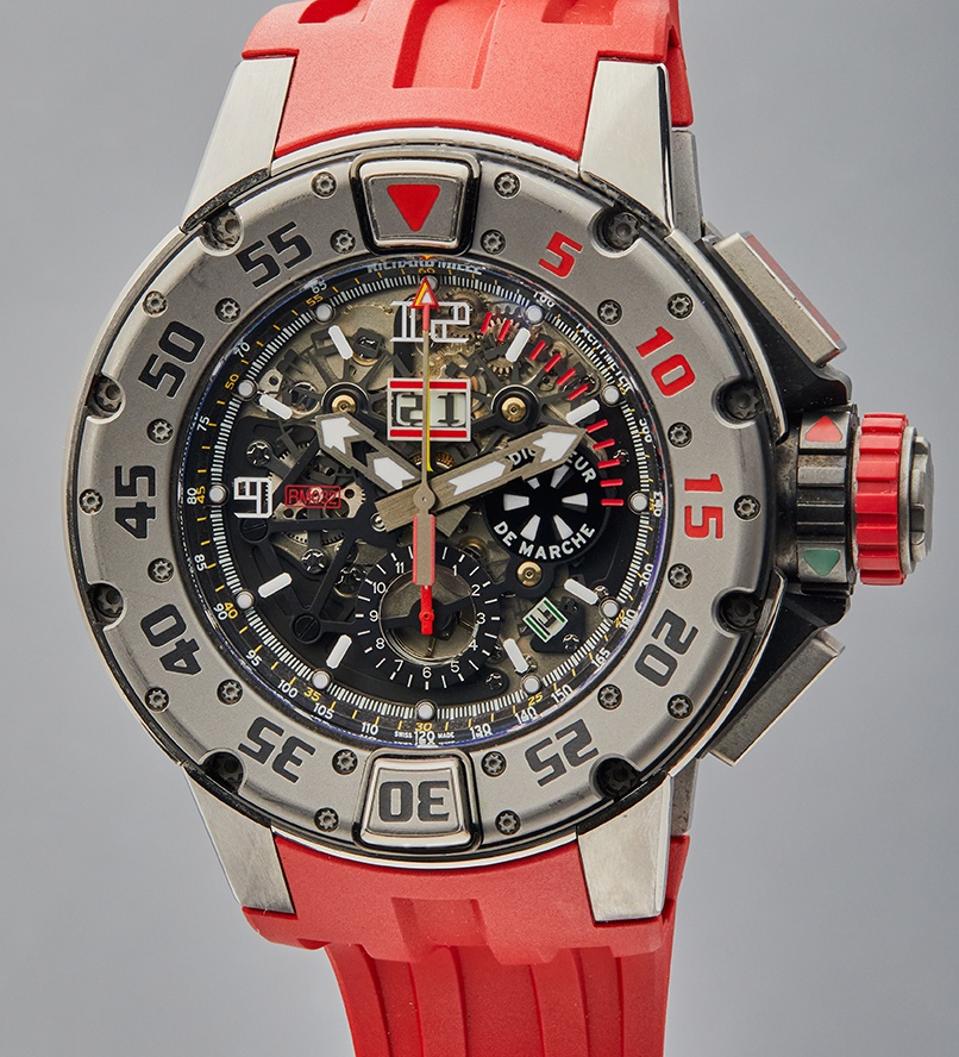 The Richard Mille RM 032 worn by Sylvester Stallone in Expendables III. It is a titanium annual calendar flyback chronograph diver’s watch.