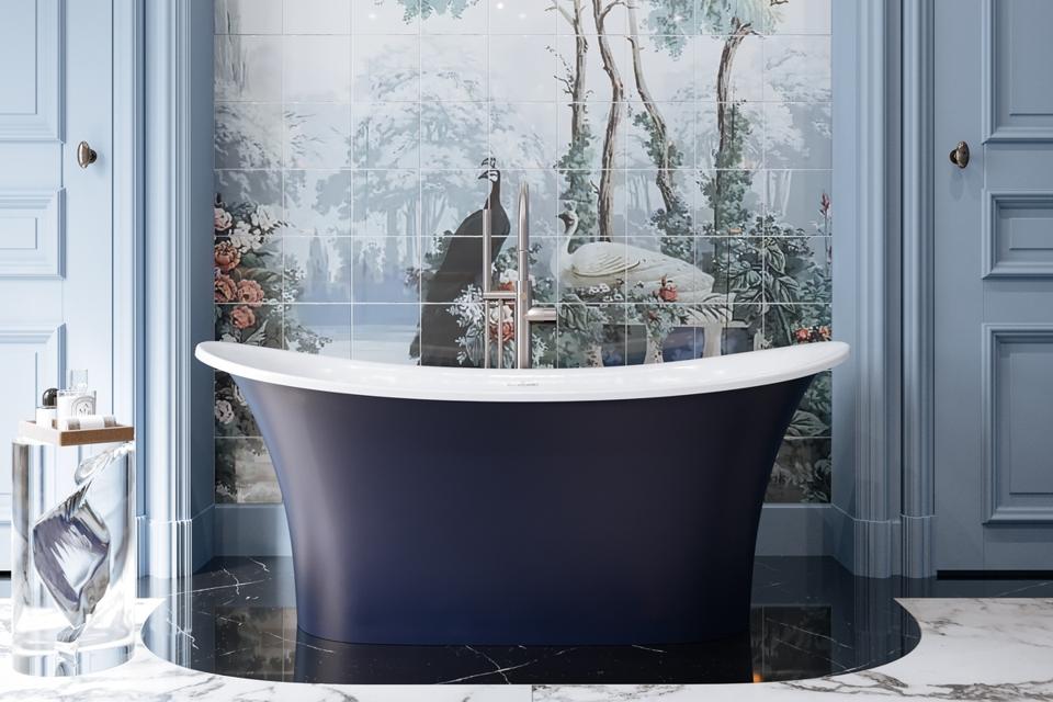 Blue freestanding bathtub from Victoria + Albert