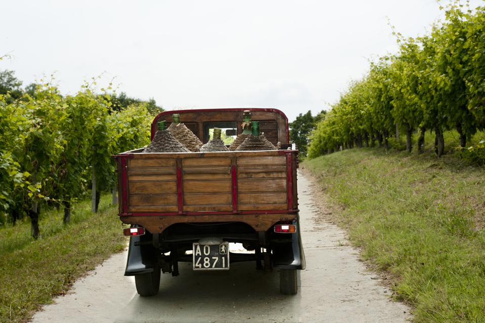 Image of an old truck in vineyard in Roero, Piedmont, Italy