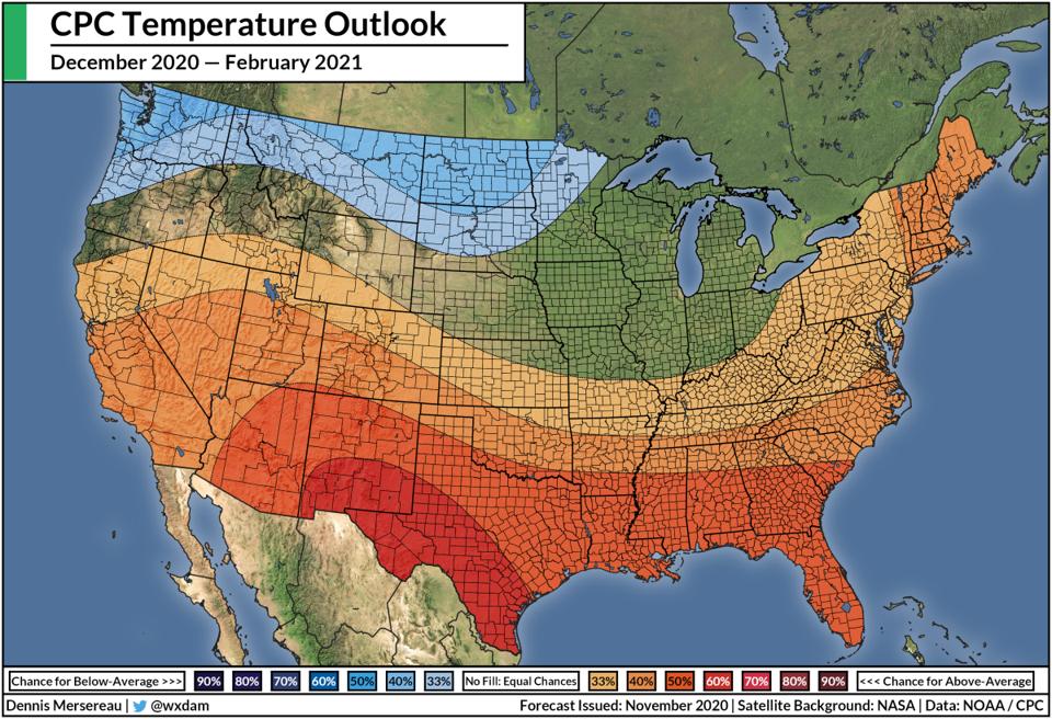 The Climate Prediction Center's temperature outlook the winter of 2020-21.