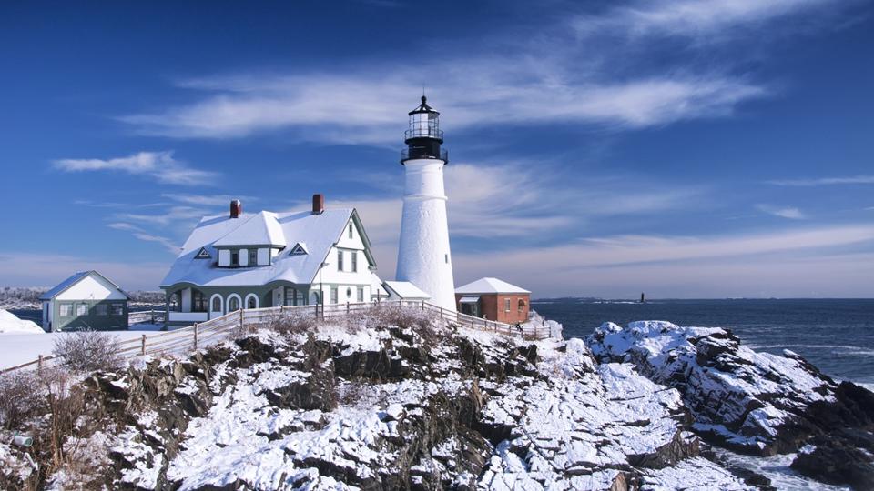 Portland headlight winter scene Maine