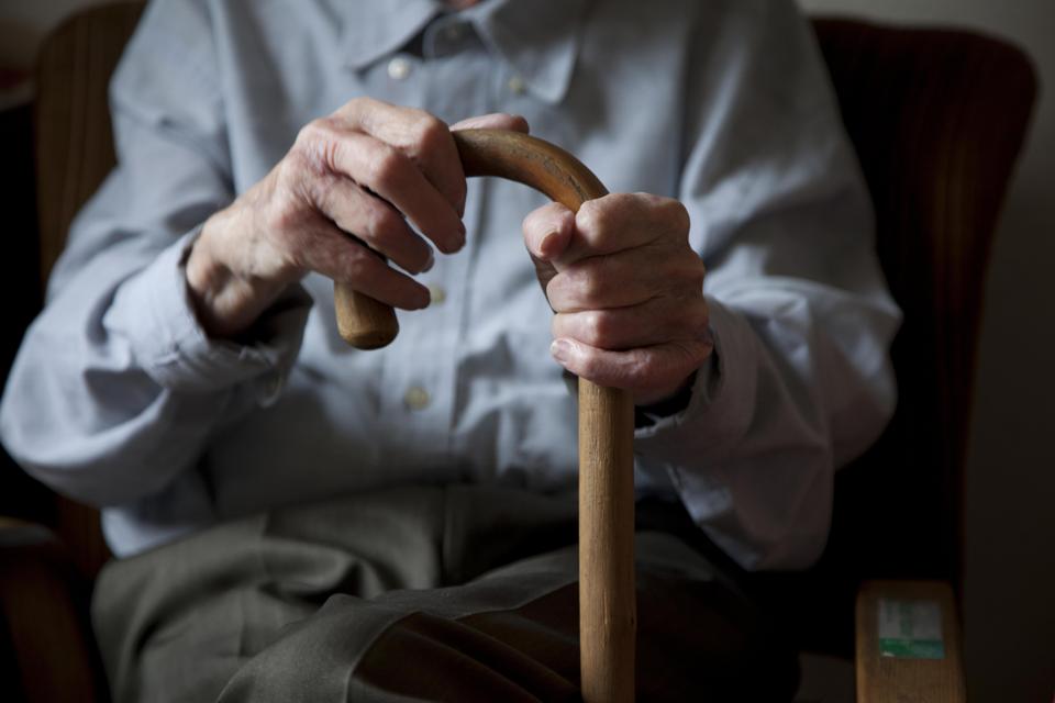 Old man, male hand gripping a walking stick, nursing home, retirement home, Berlin, Germany