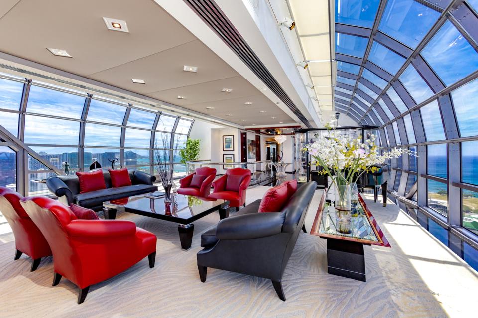 living room inside luxury honolulu penthouse at 415 South St #4502