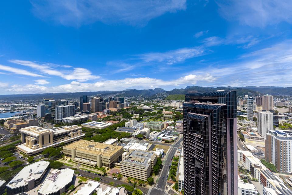 aerial photo of one watefront towers luxury condominium honolulu hawaii