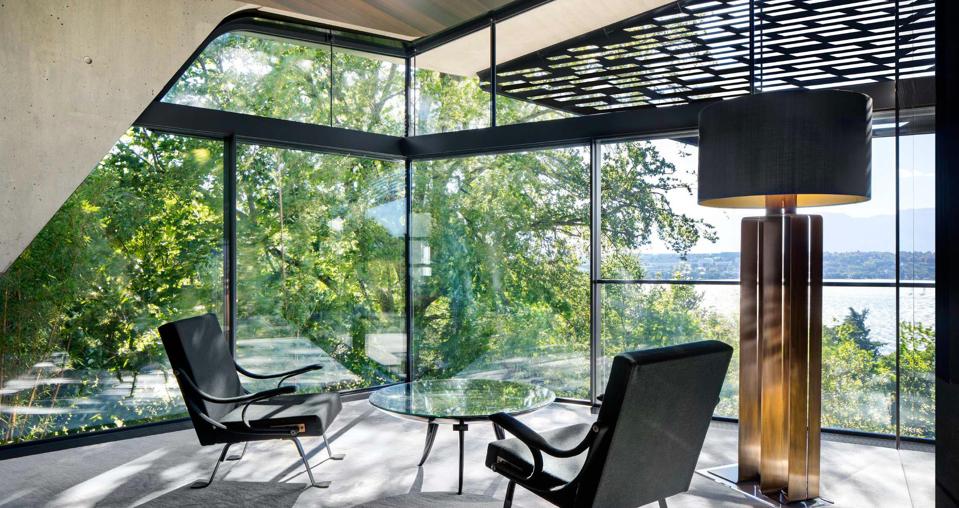 sitting area overlooking geneva lake saota villa courve switzerland modern home