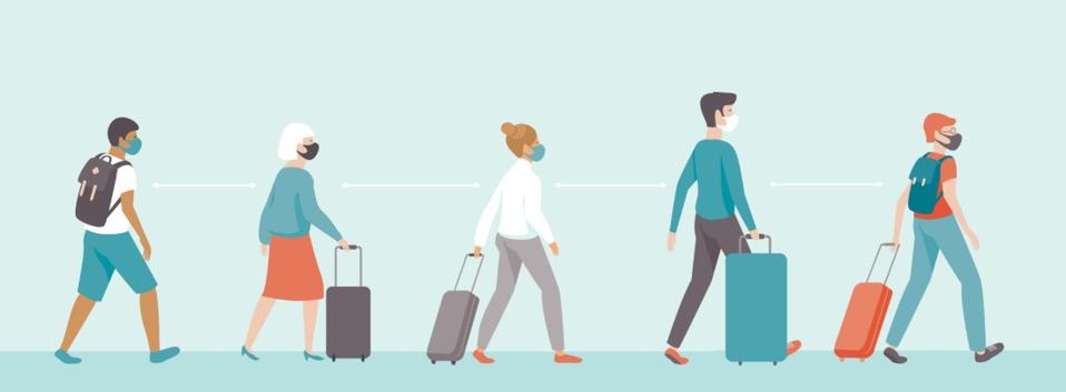 Travelers with bags and masks