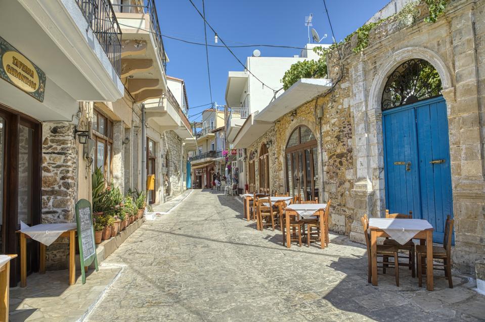 Streets and stores in Panormos in Rethymno, Crete