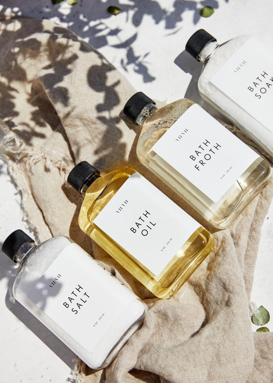 Seven Seven Cosmetics bath series, featuring 4 bottles of bath products