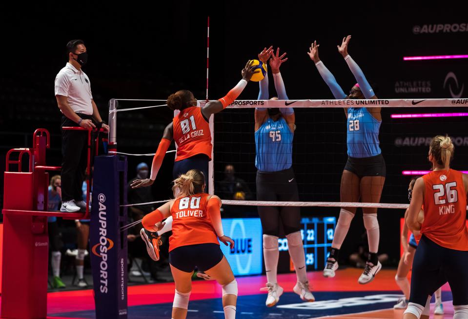 Bethania de la Cruz (81) takes a swing during an Athletes Unlimited volleyball match.