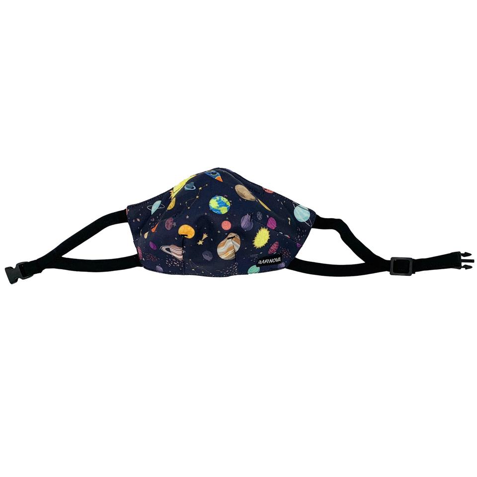 A black mask with the earth and other planets on it.