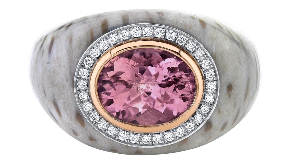 A Chubby ring by Emily P Wheeler, pink tourmaline and white diamonds set in gold and petrified palm wood.