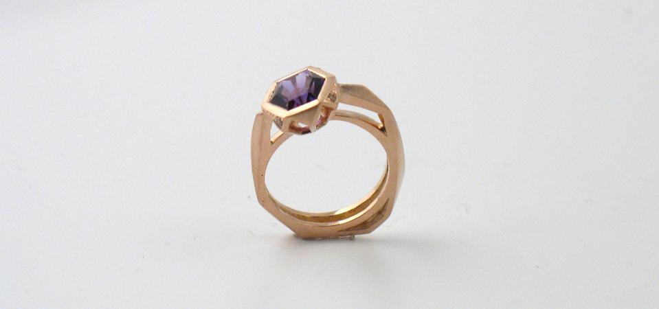 An amethyst and rose gold ring by London-based designer Melanie Eddy