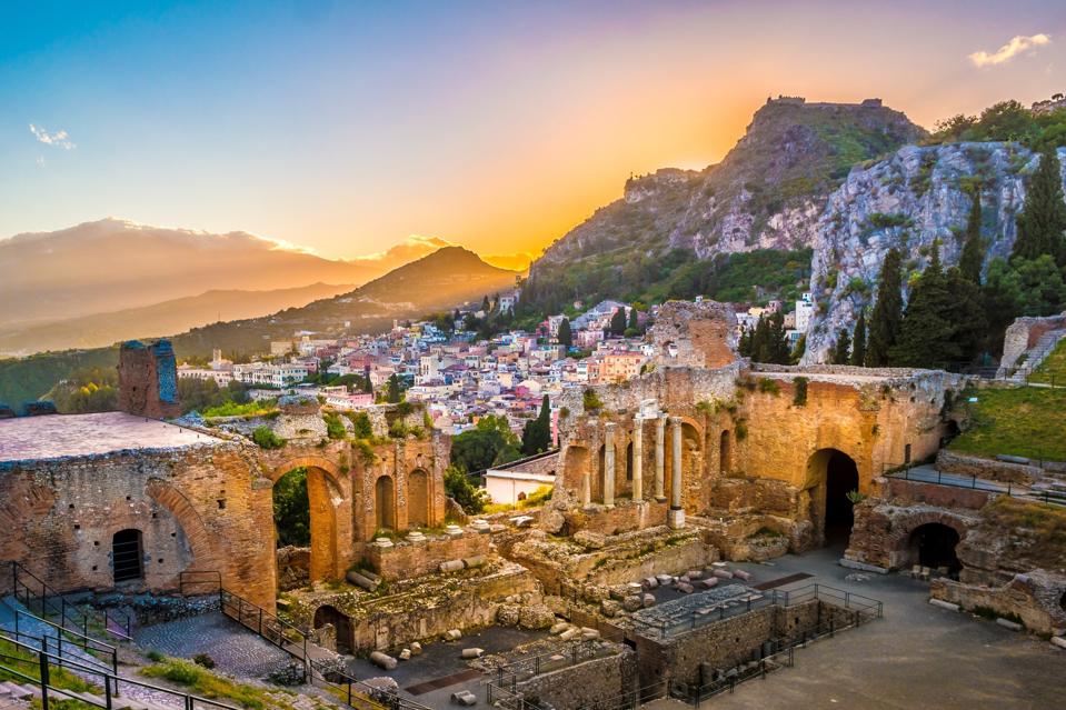 Taormina ruins, sunset, volcano