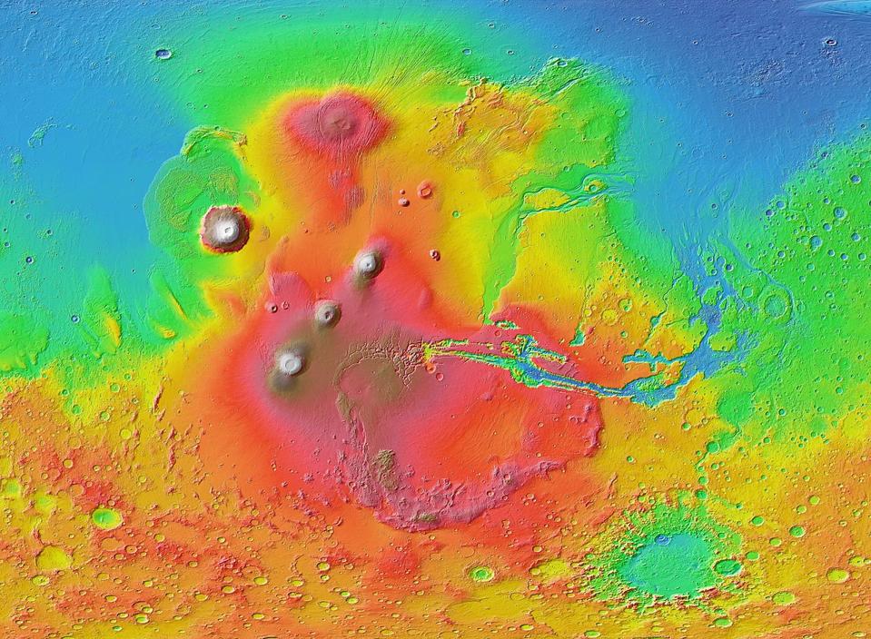 Mars Orbiter Laser Altimeter (MOLA) mappa topografica colorata dell'emisfero occidentale di Marte