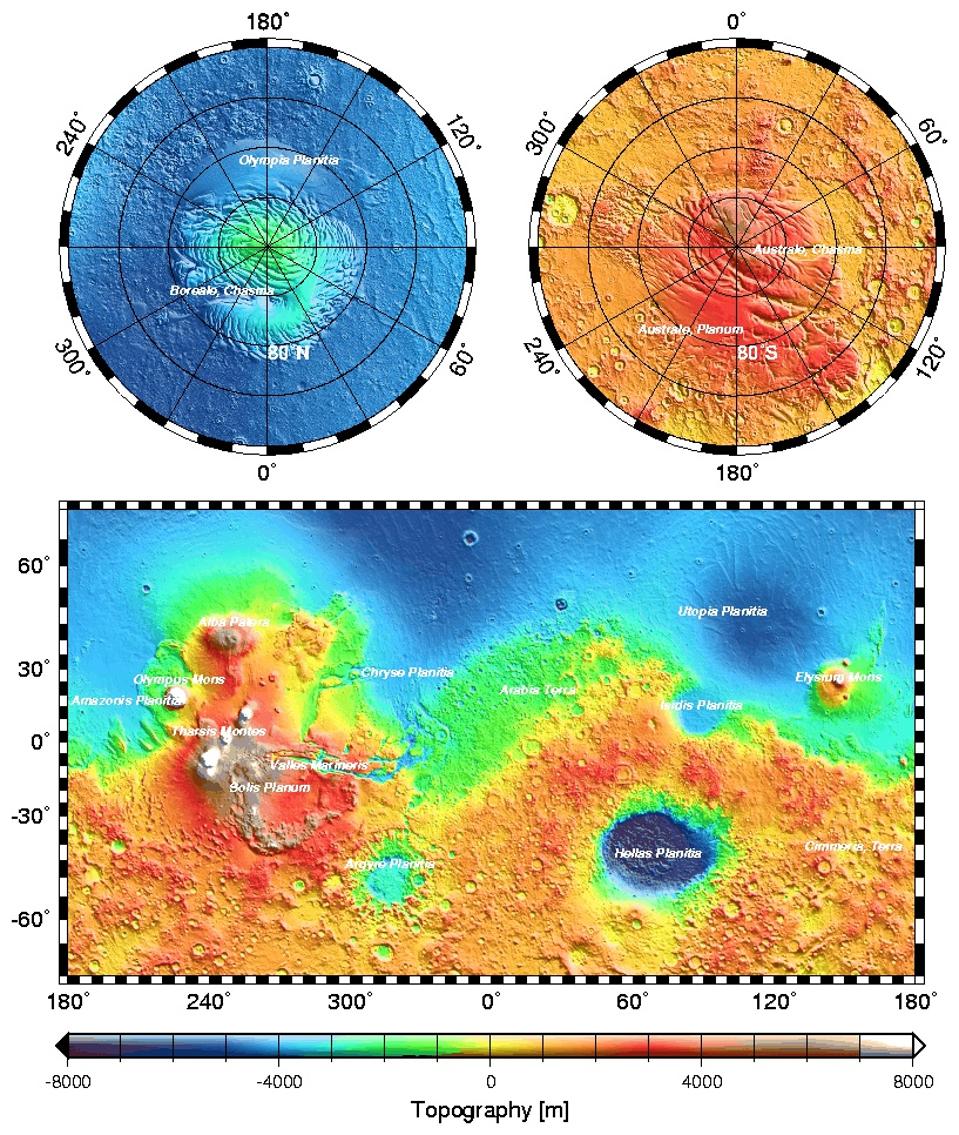 Topographic map of the surface of Mars from MOLA.