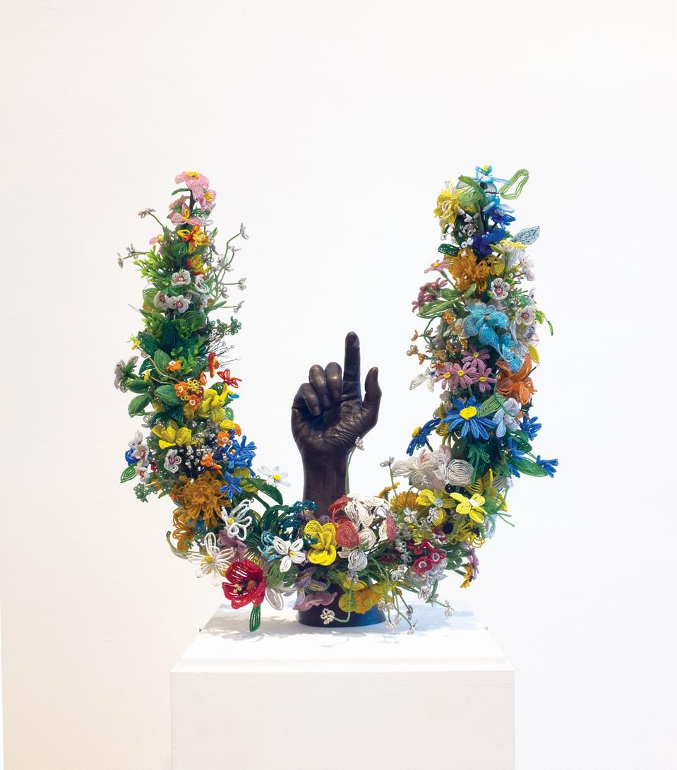 Nick Cave (American, b. 1959), Unarmed , 2018, Sculpture, cast bronze, metal and vintage beaded flowers.