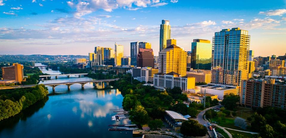 Austin texas panoramic panorama aerial drone sunrise golden colors across colorful skyline cityscape
