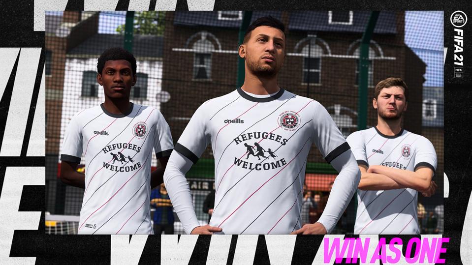 Images of Bohemian FC's Refugees Welcome jersey in the FIFA 21 video game.