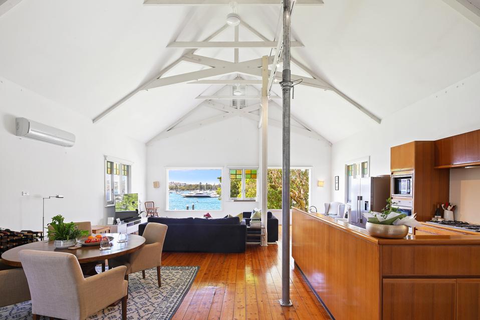 living room inside boatshed sydney australia waterfront marina luxury home