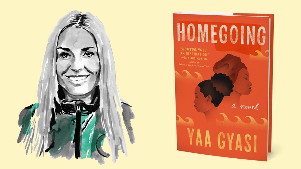 An illustration of Lindsey Vonn alongside the novel 'Homegoing' by Yaa Gyasi.