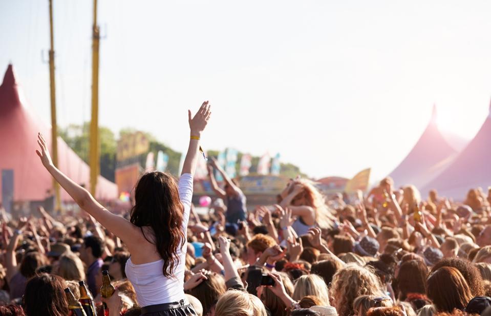 People with their arms in air at music festival