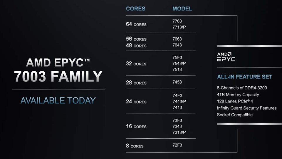 A chart showing the 19 versions of the AMD Epyc 7003
