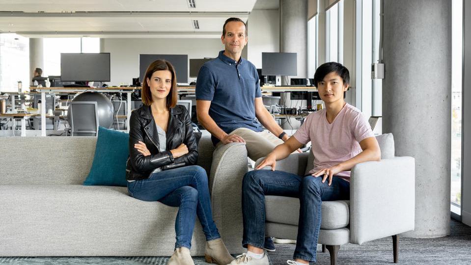 Upstart CEO Dave Girouard (center) and co-founders Anna Counselman and Paul Gu.