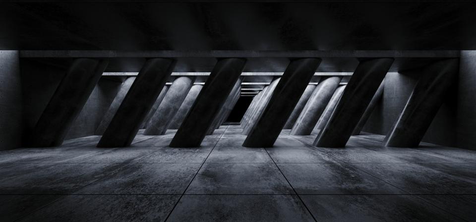 BIASED DATA, BIASED DECISIONS - THREE STEPS TOWARD FAIR AND ETHICAL AI EVERY ORGANIZATION SHOULD TAKE SCI FI CONCRETE GRUNGE ALIEN SPACESHIP TILTED SHAPED HUGE COLUMNS IN DARK TILED HALL GARAGE UNDERGROUND GALLERY ROOM TUNNEL CORRIDOR REALISTIC BACKGROUND 3D RENDERING