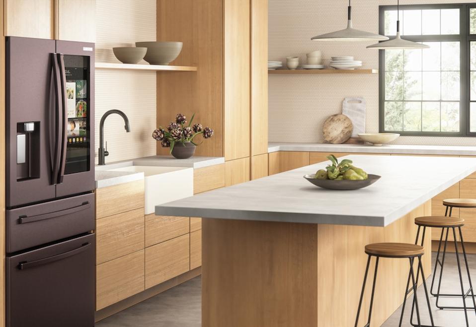 A kitchen with a black smart hub refrigerator.