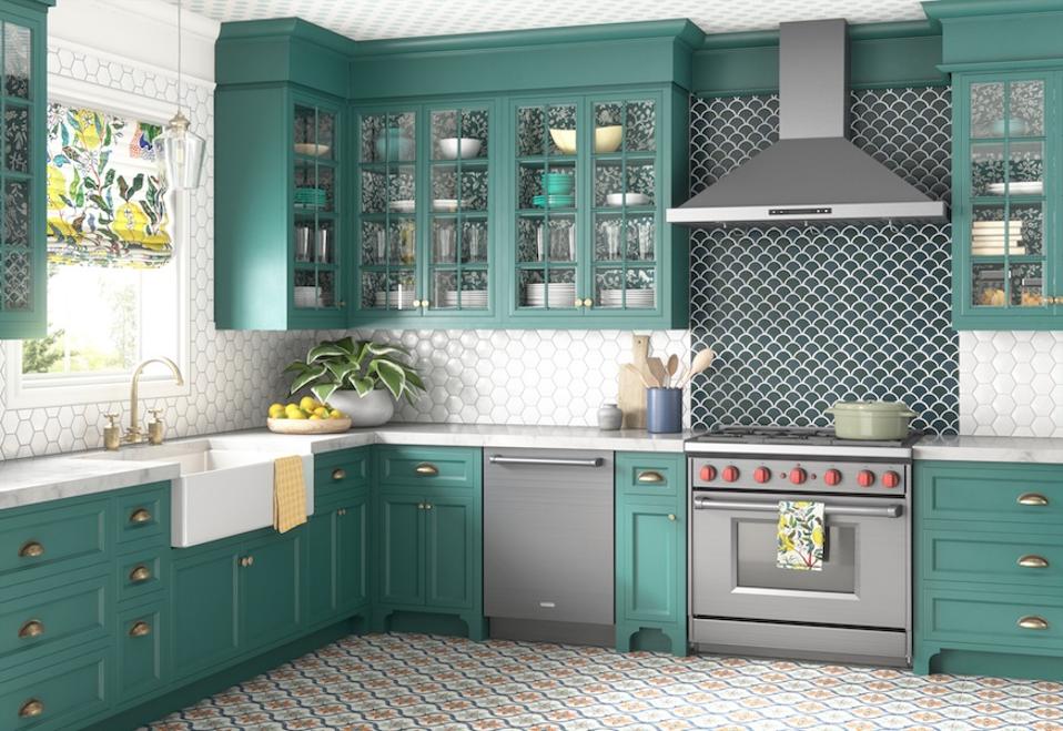 A kitchen with turquoise cabinetry.